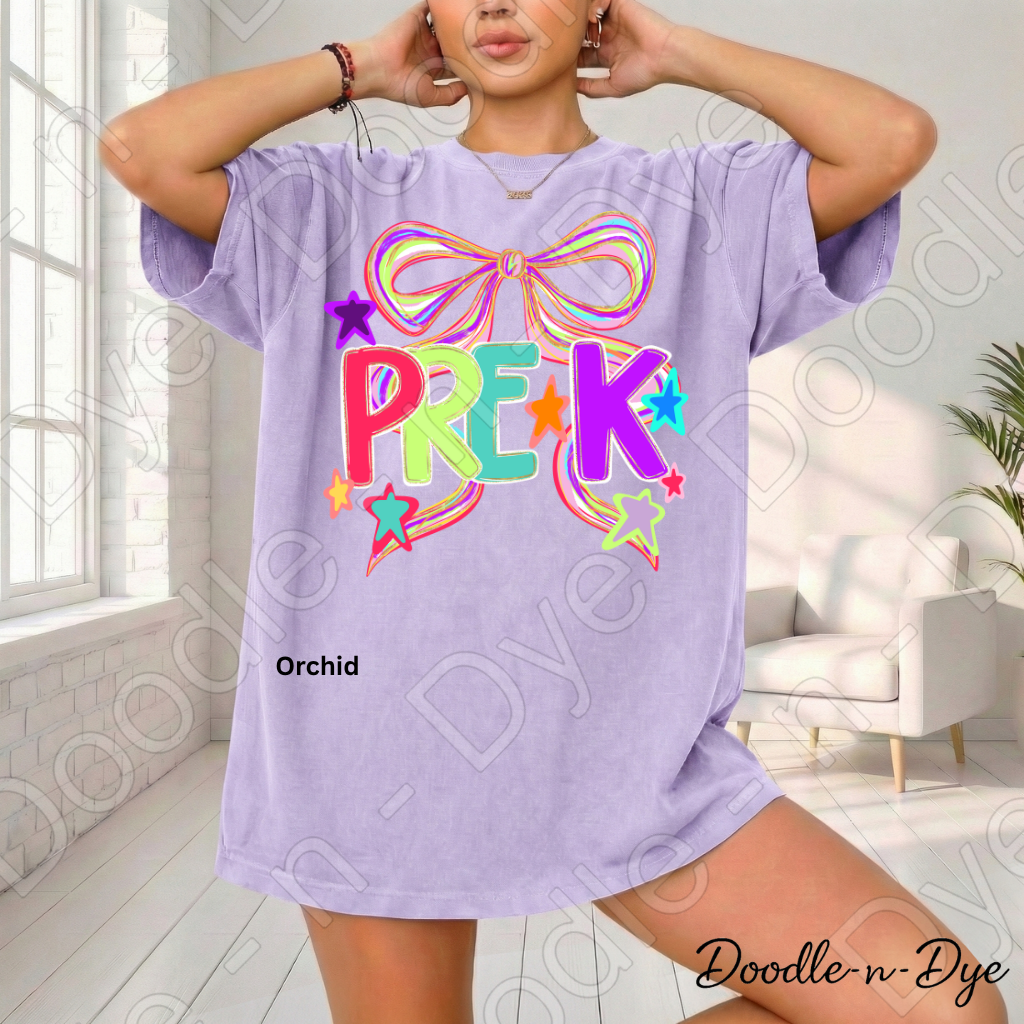Pre-K Teacher Shirt – Colorful PRE-K Bow Tee | Comfort Colors Preschool Teacher Back to School Shirt