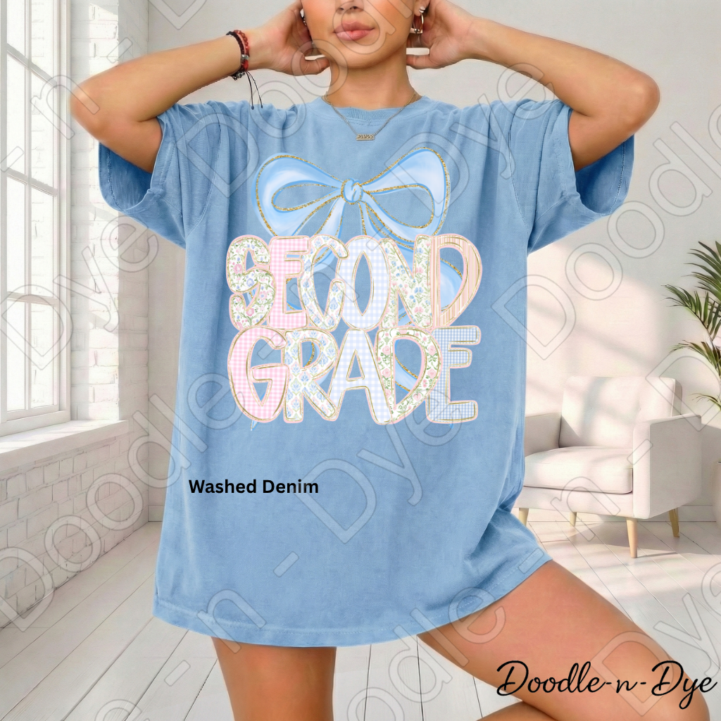 Second Grade Teacher Shirt, Pastel Blue Coquette Bow Teacher Tee, Second Grade Teacher Gift, Grade Level Comfort Colors 1717 Graphic Tee