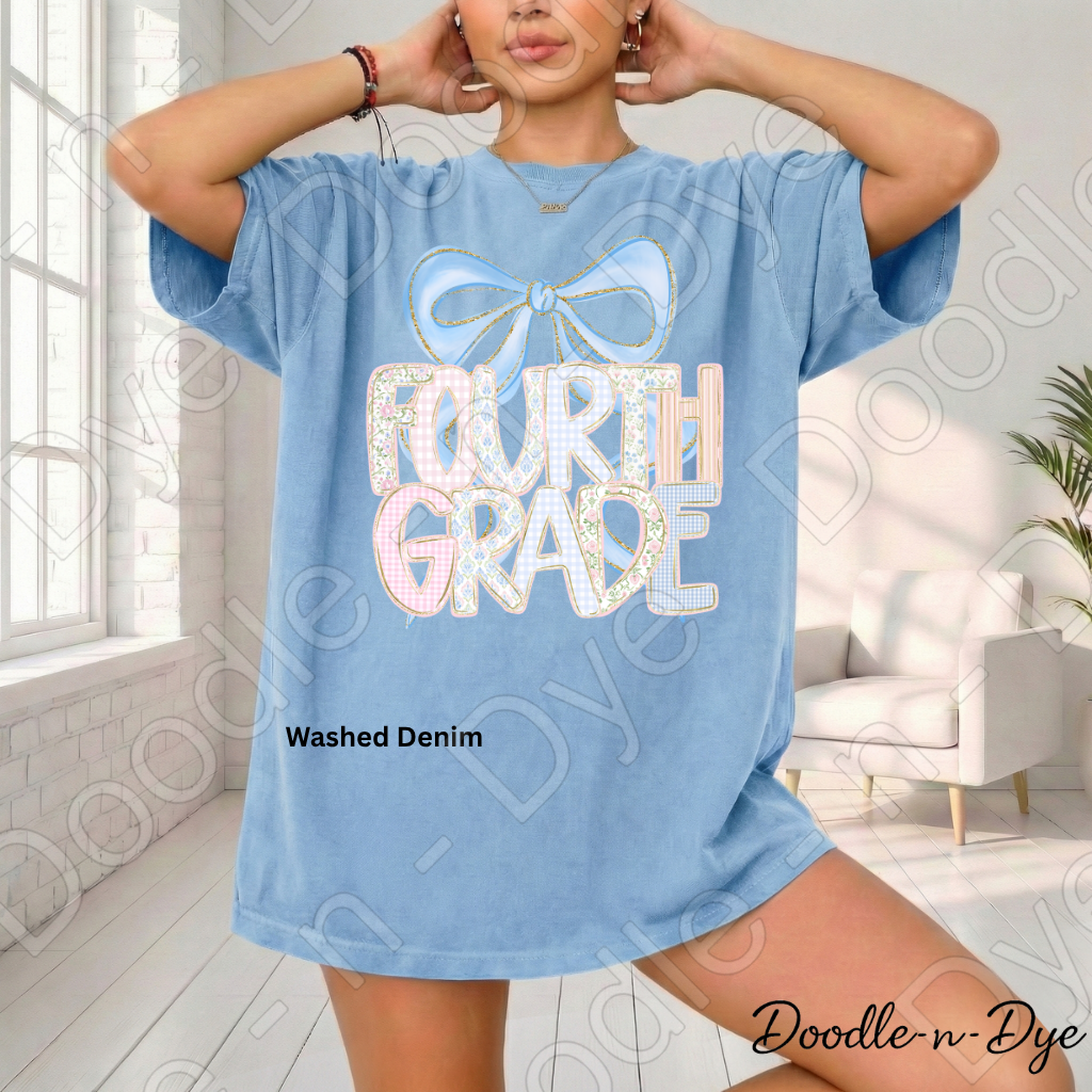 Fourth Grade Teacher Shirt, Pastel Coquette Blue Bow Teacher Tee, Grade Level Comfort Colors 1717 Teacher Shirt | Back to School Teacher Gift