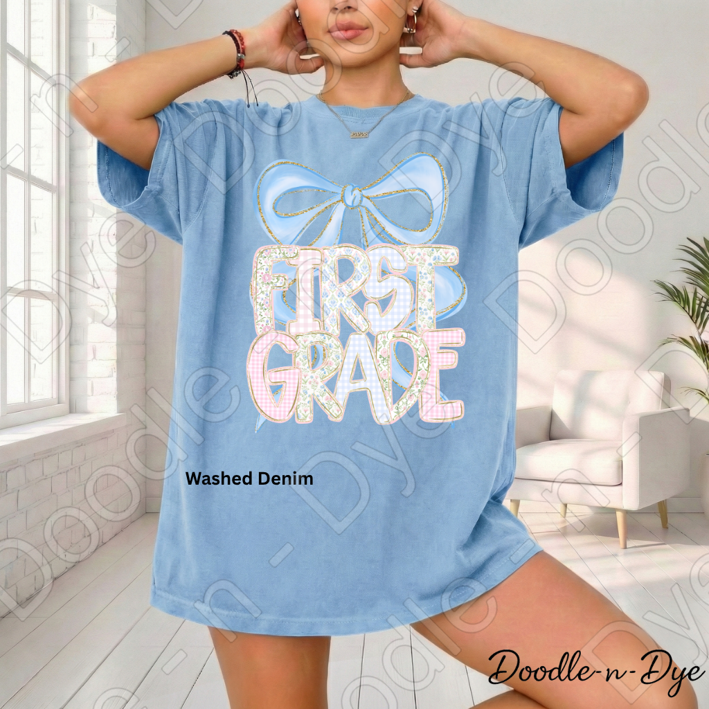 First Grade Teacher Shirt, Coquette Blue Bow First Grade Tee, Grade Level Comfort Colors Back to School Teacher Shirt