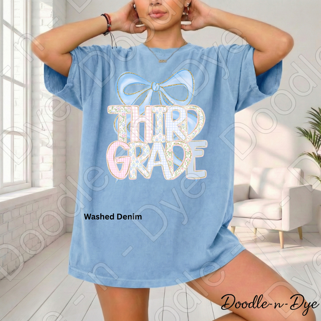 Third Grade Teacher Shirt, Pastel Blue Coquette Bow Teacher Tee, Grade Level Comfort Colors 1717 Teacher Shirt | Back to School Teacher Gift