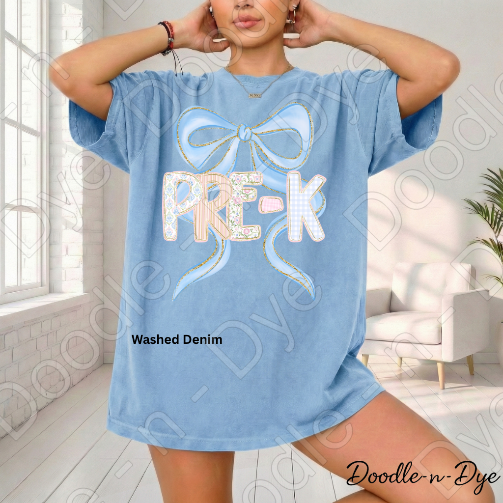 Pre-K Teacher Shirt, Blue Coquette Bow Pre-K Tee, Grade Level Comfort Colors Teacher Shirt for Back to School