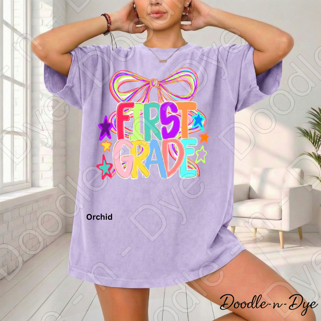 First Grade Teacher Shirt, Colorful First Grade Coquette Bow Tee, Grade Level Comfort Colors Back to School Teacher Shirt