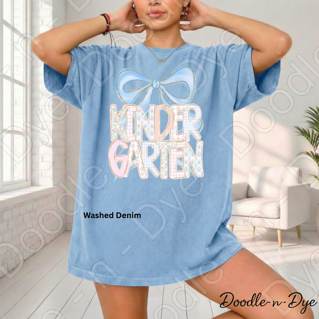 Kindergarten Teacher Shirt, Blue Coquette Bow Kindergarten Tee, Grade Level Comfort Colors Back to School Teacher Shirt
