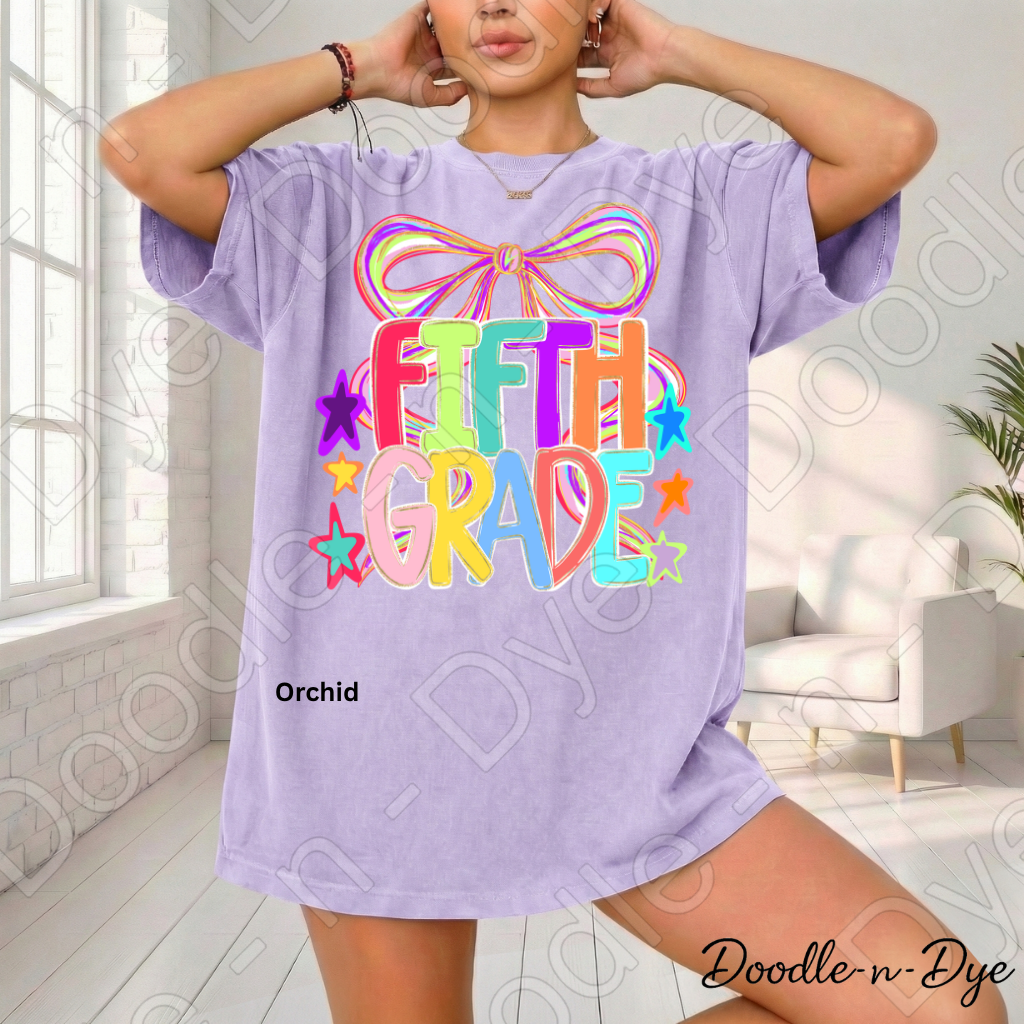 Fifth Grade Teacher Shirt, Colorful Fifth Grade Coquette Bow Tee, Grade Level Comfort Colors Back to School Teacher Shirt