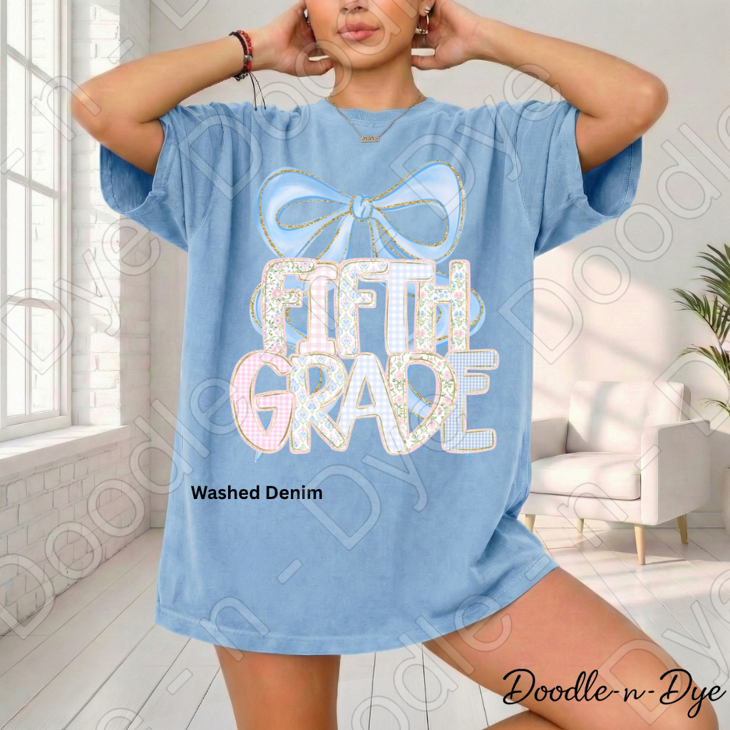 Fifth Grade Team Teacher Shirt, Pastel Coquette Blue Bow Teacher Tee, Grade Level Comfort Colors 1717 Teacher Shirt, Back to School Teacher Gift