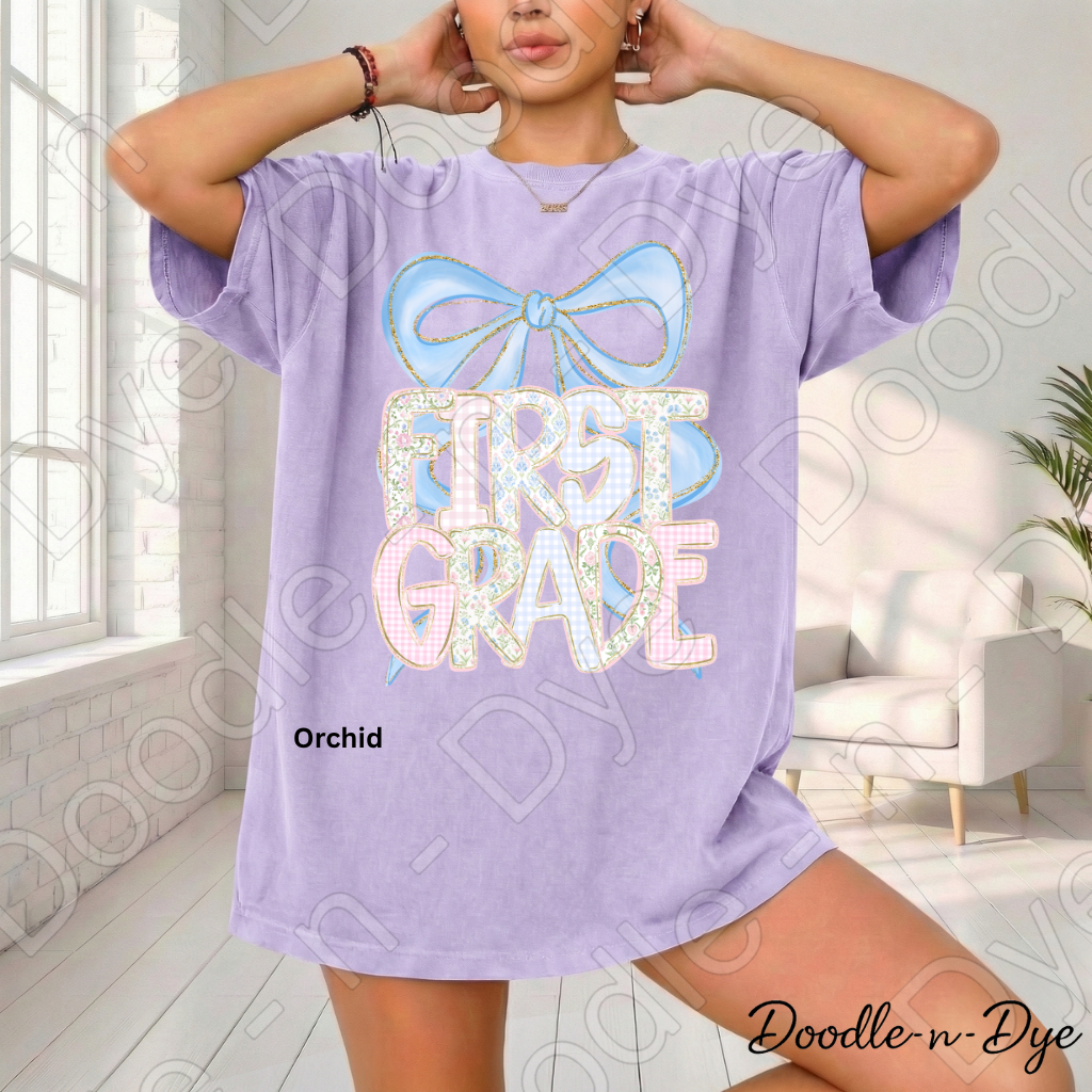First Grade Teacher Shirt, Coquette Blue Bow First Grade Tee, Grade Level Comfort Colors Back to School Teacher Shirt