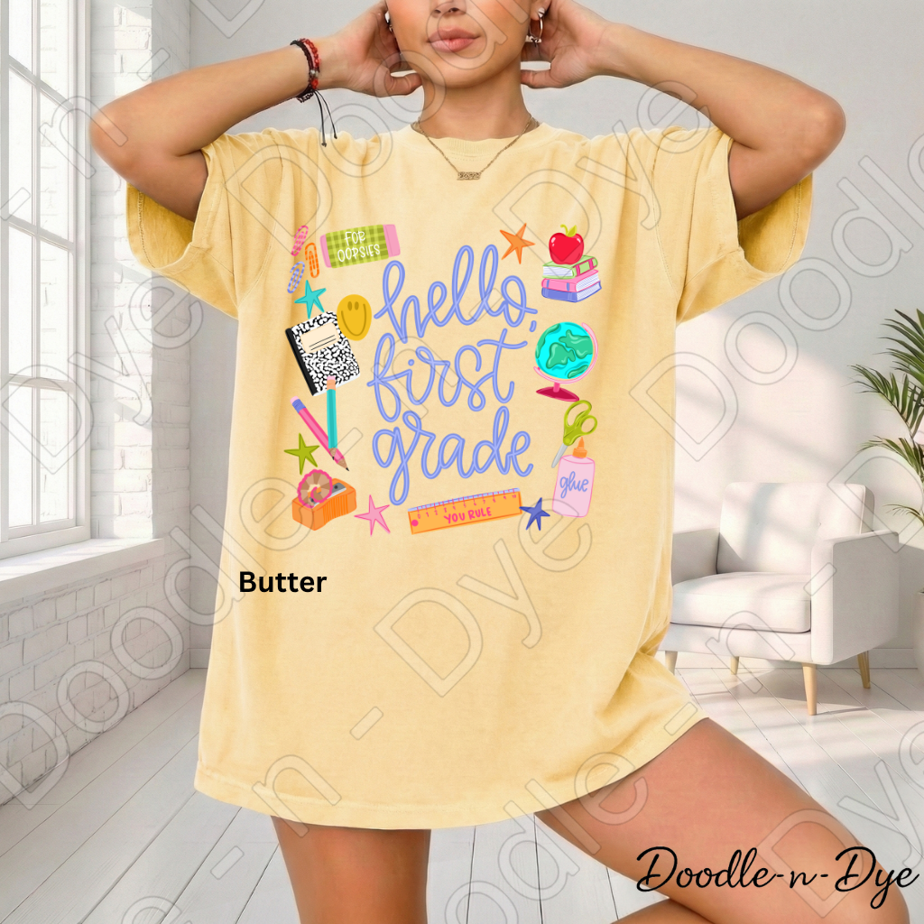 Hello First Grade Teacher Shirt – Comfort Colors Back to School First Grade Teacher Tee for Educators