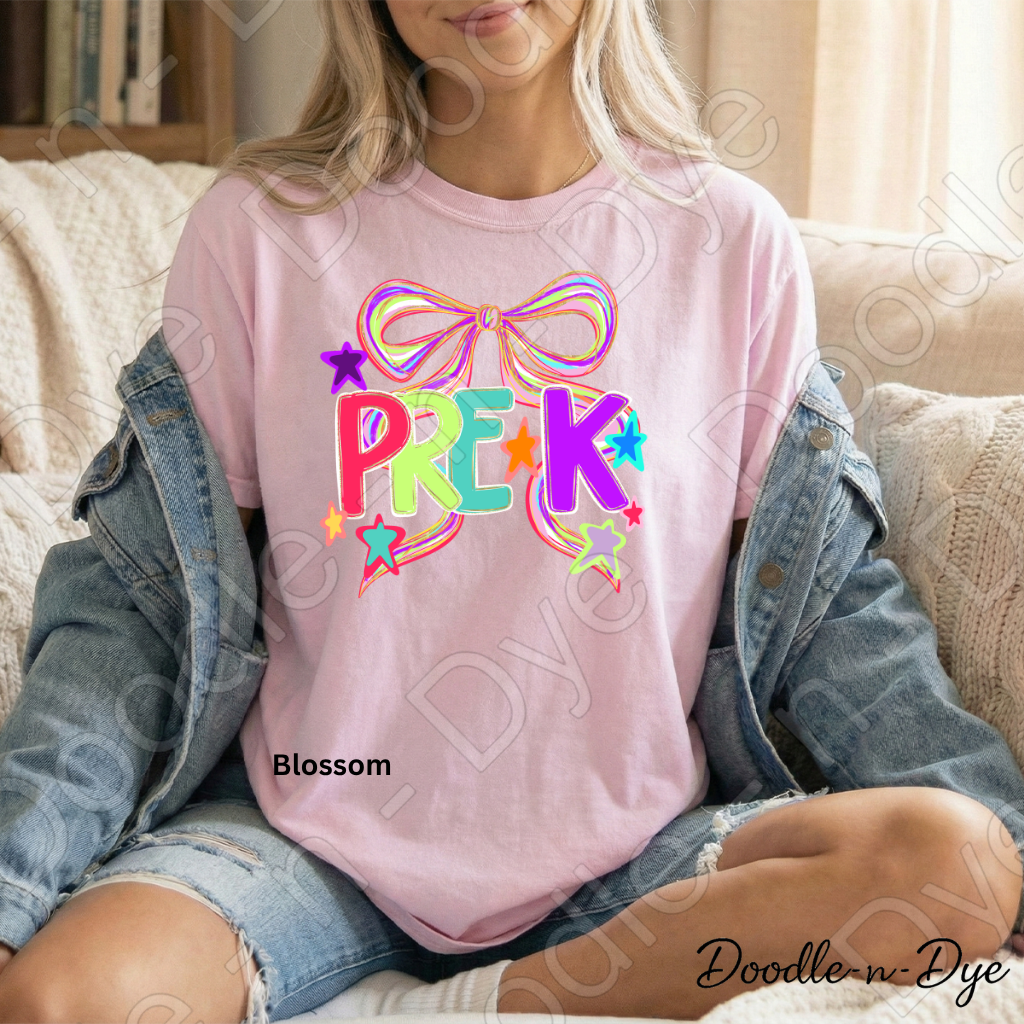 Pre-K Teacher Shirt – Colorful PRE-K Bow Tee | Comfort Colors Preschool Teacher Back to School Shirt