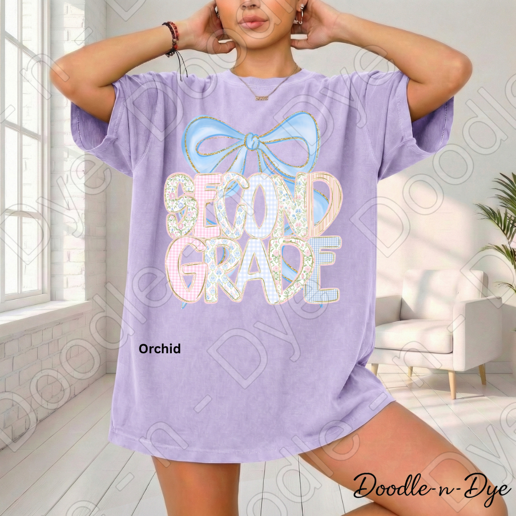 Second Grade Teacher Shirt, Pastel Blue Coquette Bow Teacher Tee, Second Grade Teacher Gift, Grade Level Comfort Colors 1717 Graphic Tee