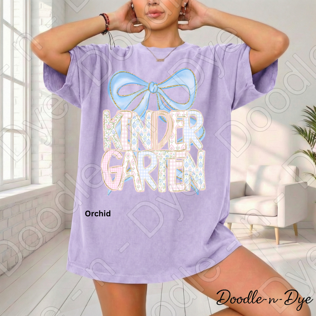 Kindergarten Teacher Shirt, Blue Coquette Bow Kindergarten Tee, Grade Level Comfort Colors Back to School Teacher Shirt