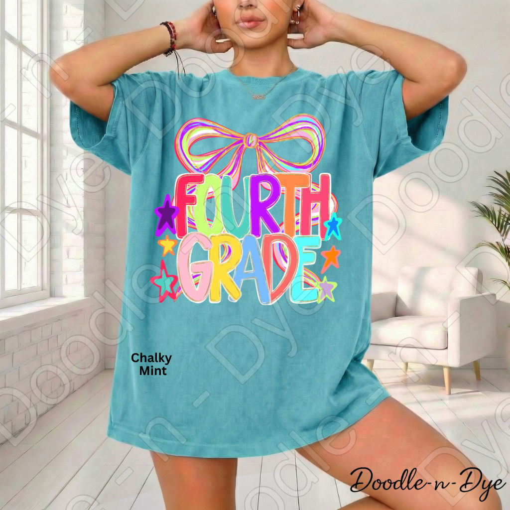 Fourth Grade Teacher Shirt, Colorful Fourth Grade Coquette Bow Tee, Grade Level Comfort Colors Back to School Teacher Shirt