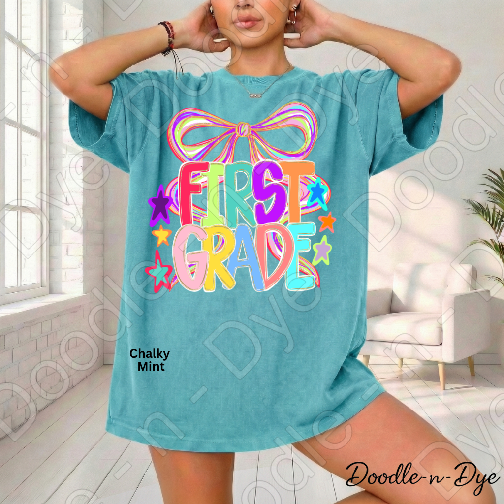First Grade Teacher Shirt, Colorful First Grade Coquette Bow Tee, Grade Level Comfort Colors Back to School Teacher Shirt
