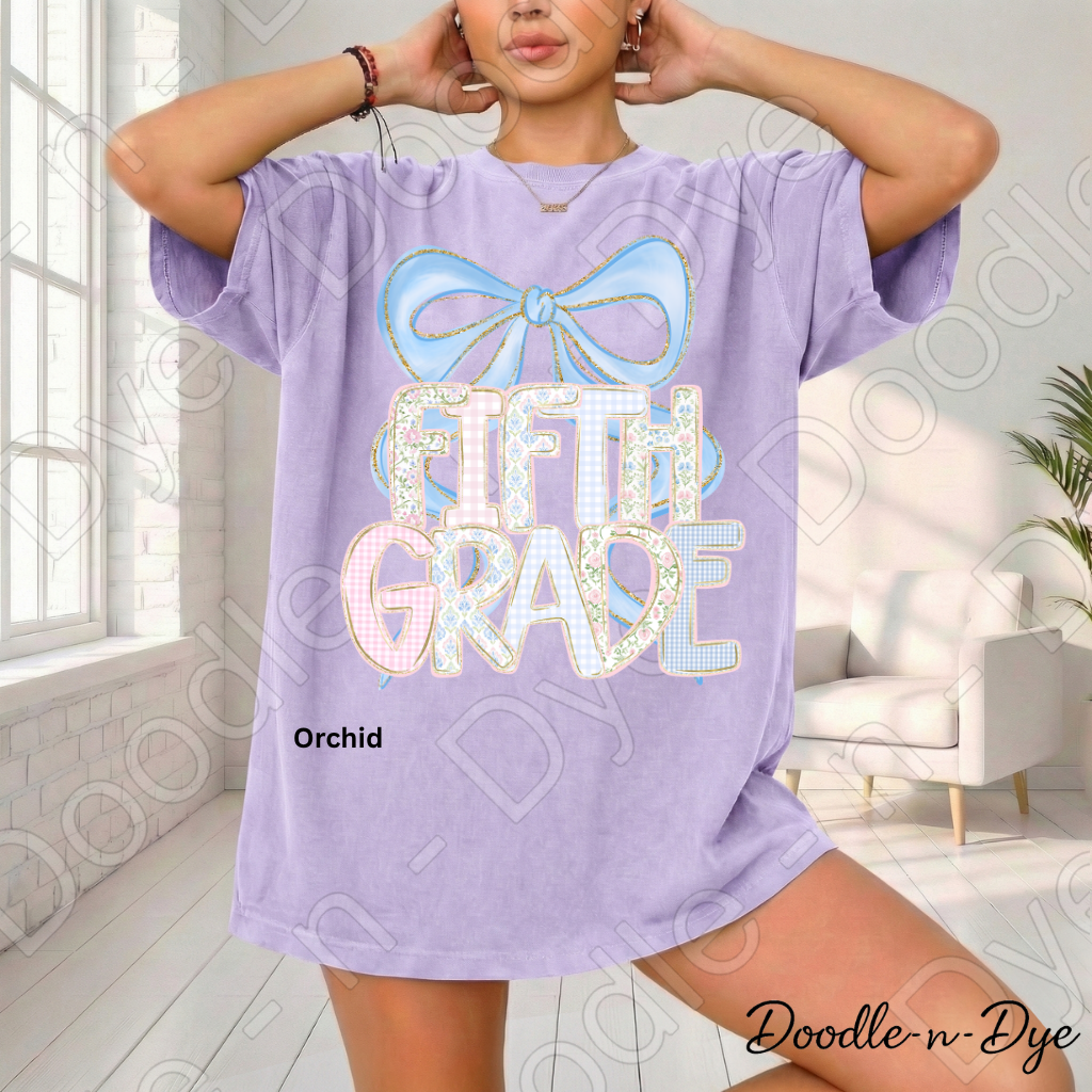 Fifth Grade Team Teacher Shirt, Pastel Coquette Blue Bow Teacher Tee, Grade Level Comfort Colors 1717 Teacher Shirt, Back to School Teacher Gift