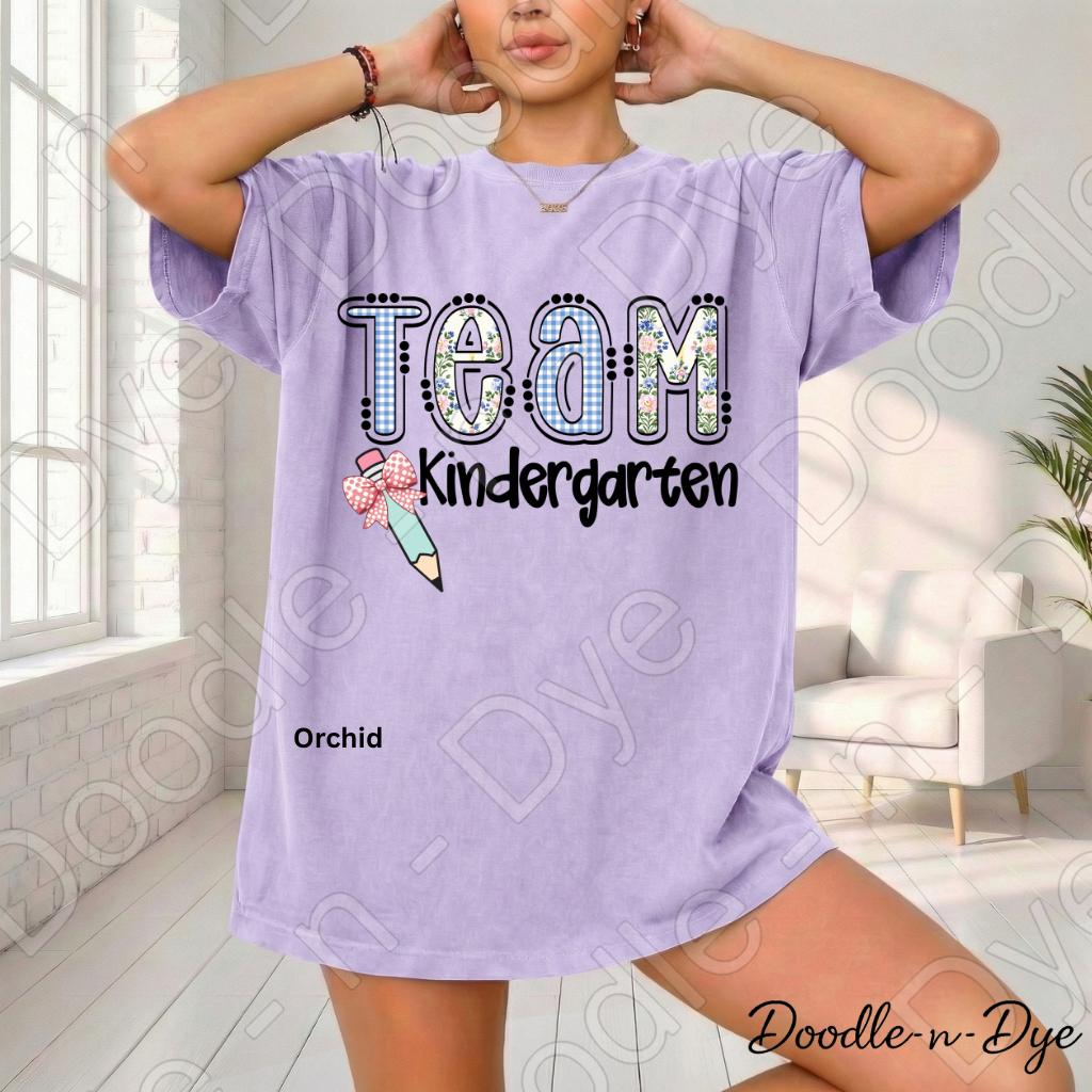 Kindergarten Teacher Shirt, Team Kindergarten Comfort Colors Tee, Doodle-n-Dye Original Design, Grade Level Teacher Team Shirt, Back to School Teacher Gift