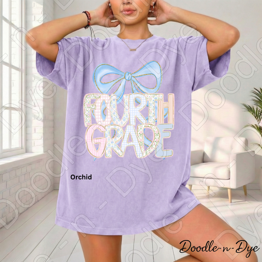 Fourth Grade Teacher Shirt, Pastel Coquette Blue Bow Teacher Tee, Grade Level Comfort Colors 1717 Teacher Shirt | Back to School Teacher Gift