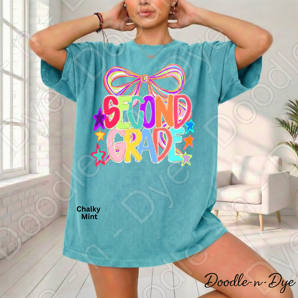 Second Grade Teacher Shirt, Colorful Second Grade Coquette Bow Tee, Grade Level Comfort Colors Back to School Teacher Shirt