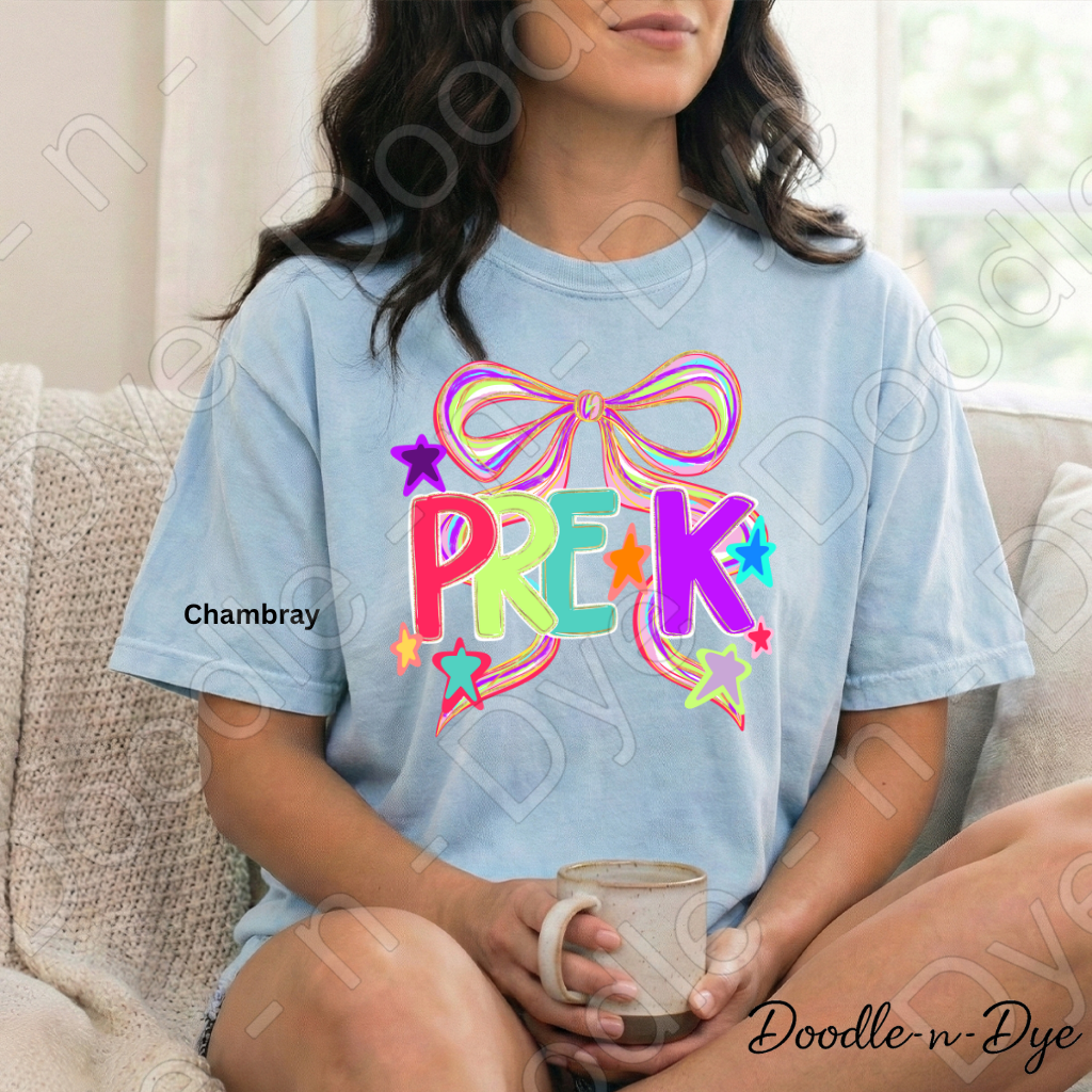 Pre-K Teacher Shirt – Colorful PRE-K Bow Tee | Comfort Colors Preschool Teacher Back to School Shirt