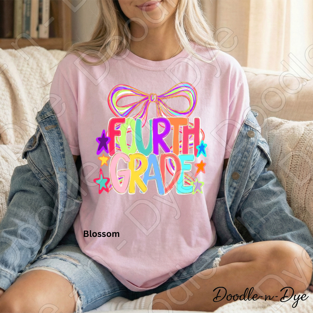 Fourth Grade Teacher Shirt, Colorful Fourth Grade Coquette Bow Tee, Grade Level Comfort Colors Back to School Teacher Shirt