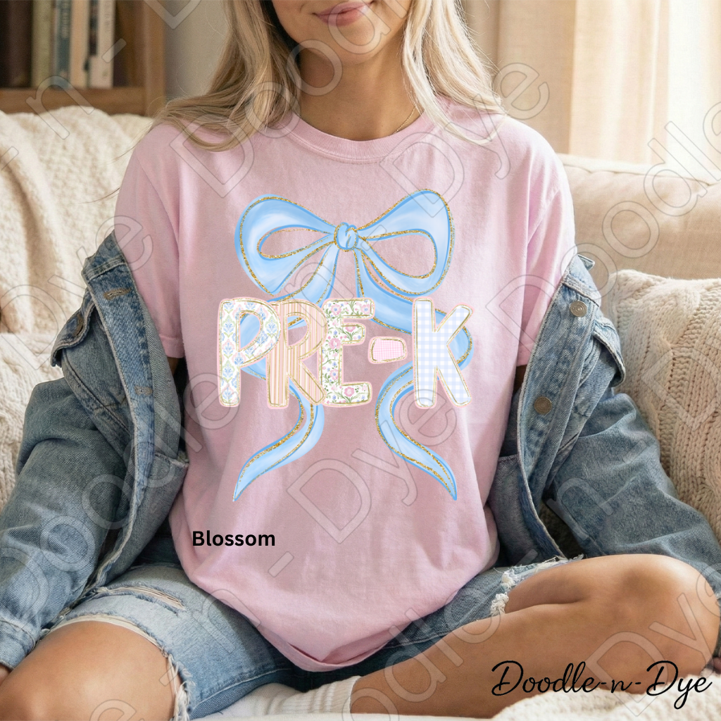 Pre-K Teacher Shirt, Blue Coquette Bow Pre-K Tee, Grade Level Comfort Colors Teacher Shirt for Back to School