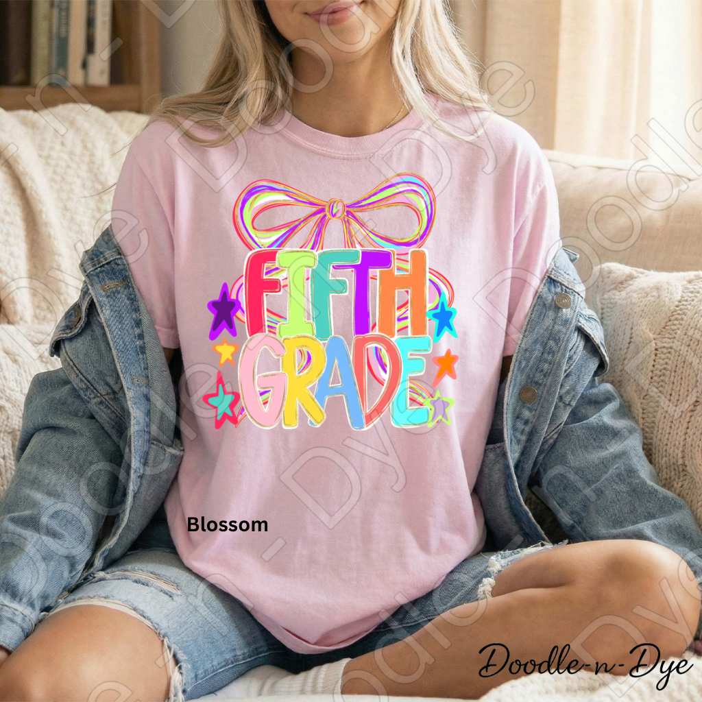 Fifth Grade Teacher Shirt, Colorful Fifth Grade Coquette Bow Tee, Grade Level Comfort Colors Back to School Teacher Shirt