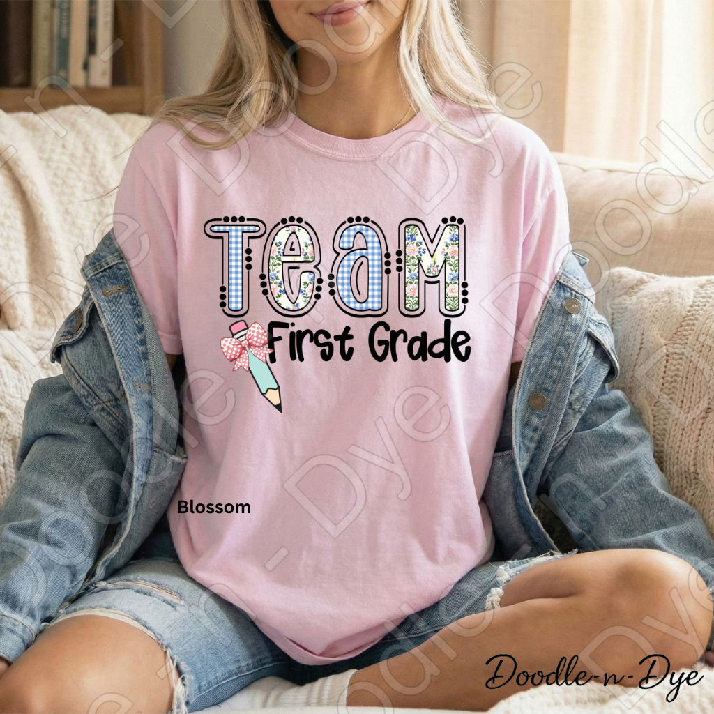 First Grade Teacher Shirt, Team First Grade Comfort Colors Tee, Doodle-n-Dye Original Design,  Grade Level Teacher Team Shirt, Back to School Teacher Gift