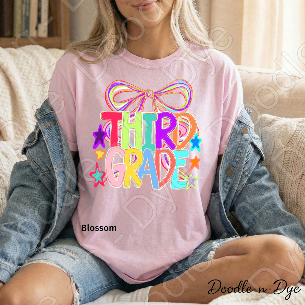 Third Grade Teacher Shirt, Colorful Third Grade Coquette Bow Tee, Grade Level Comfort Colors Back to School Teacher Shirt