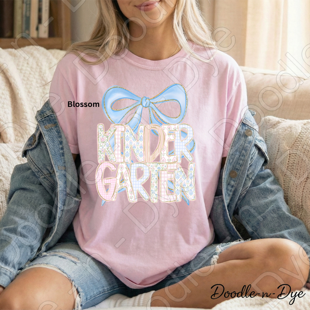 Kindergarten Teacher Shirt, Blue Coquette Bow Kindergarten Tee, Grade Level Comfort Colors Back to School Teacher Shirt