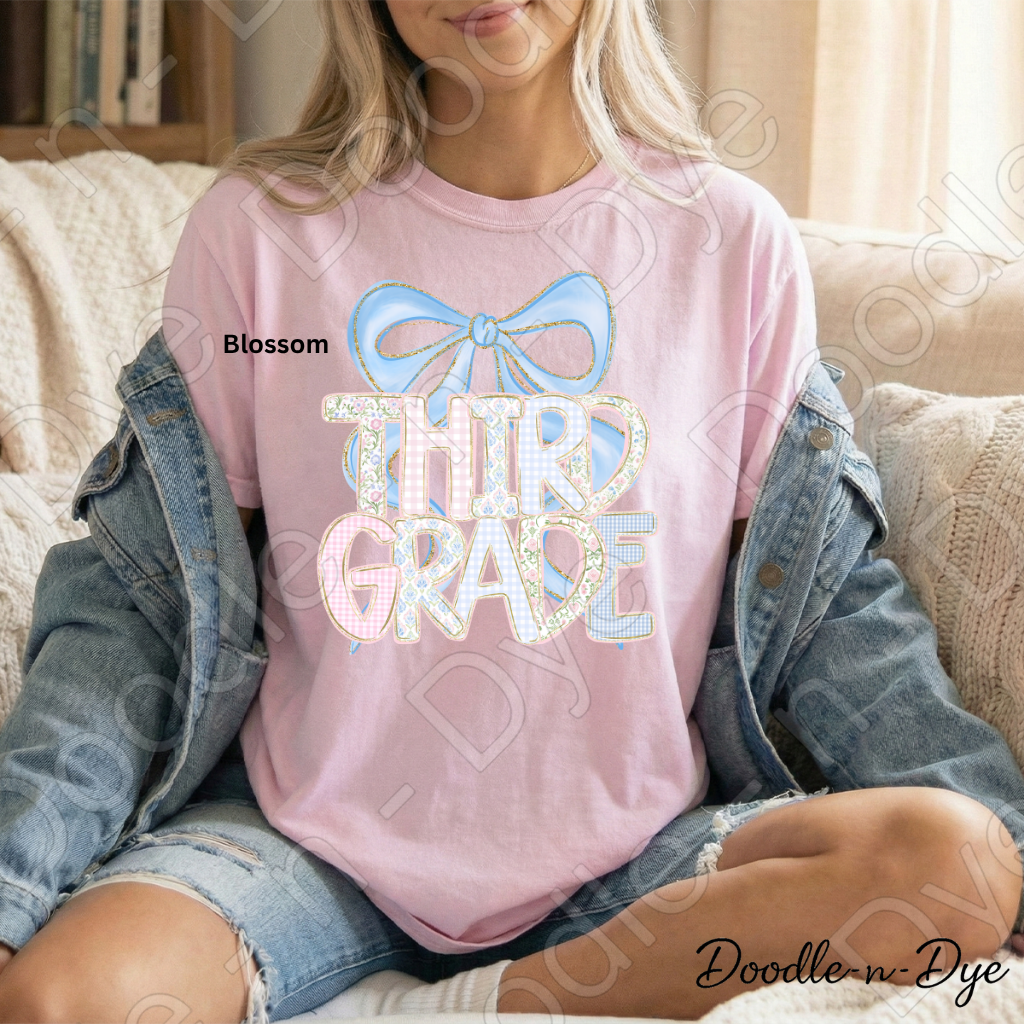 Third Grade Teacher Shirt, Pastel Blue Coquette Bow Teacher Tee, Grade Level Comfort Colors 1717 Teacher Shirt | Back to School Teacher Gift