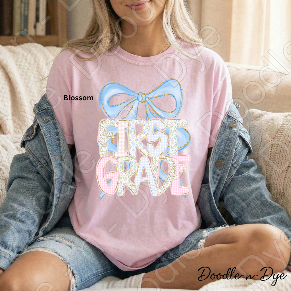 First Grade Teacher Shirt, Coquette Blue Bow First Grade Tee, Grade Level Comfort Colors Back to School Teacher Shirt
