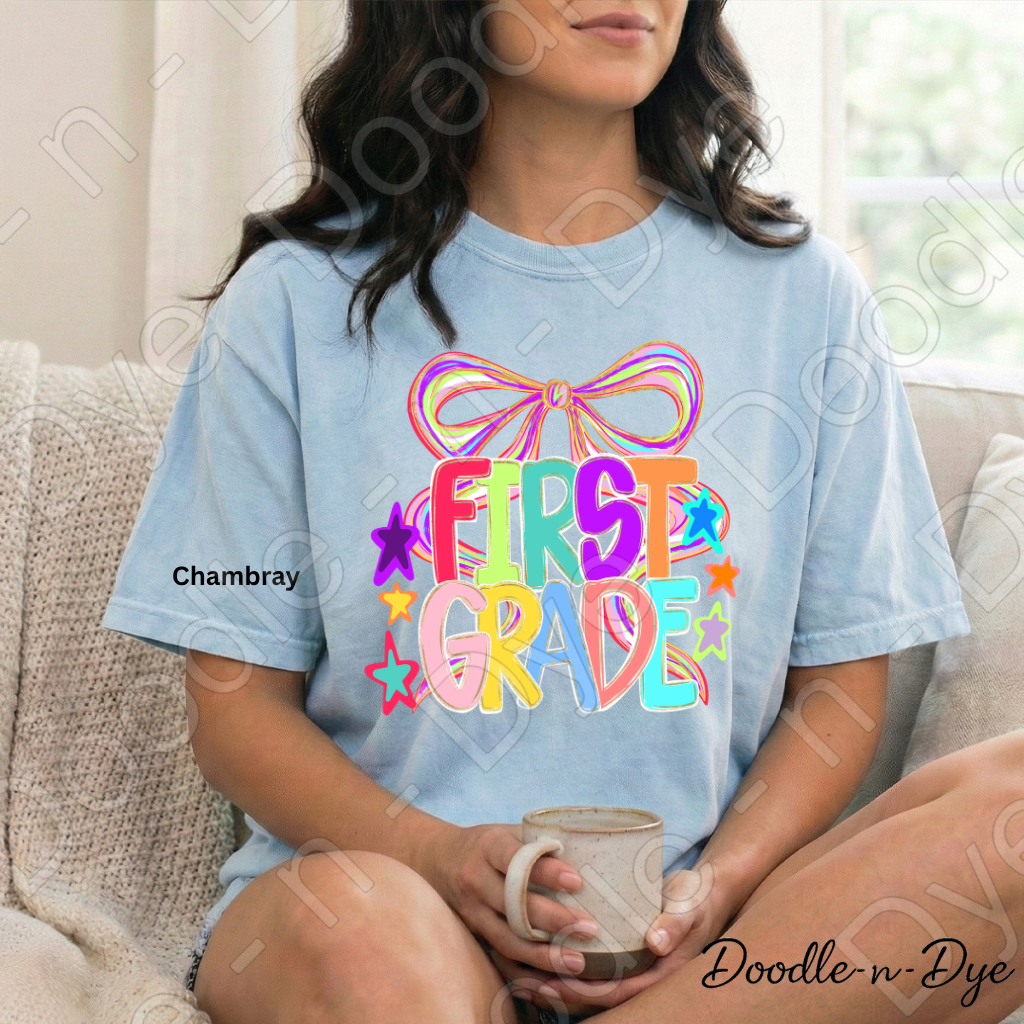 First Grade Teacher Shirt, Colorful First Grade Coquette Bow Tee, Grade Level Comfort Colors Back to School Teacher Shirt