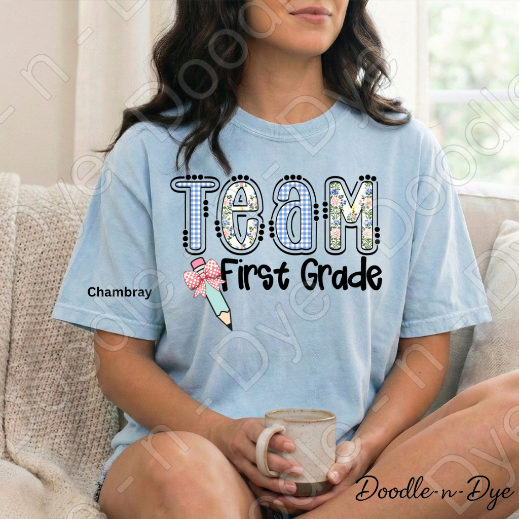 First Grade Teacher Shirt, Team First Grade Comfort Colors Tee, Doodle-n-Dye Original Design,  Grade Level Teacher Team Shirt, Back to School Teacher Gift