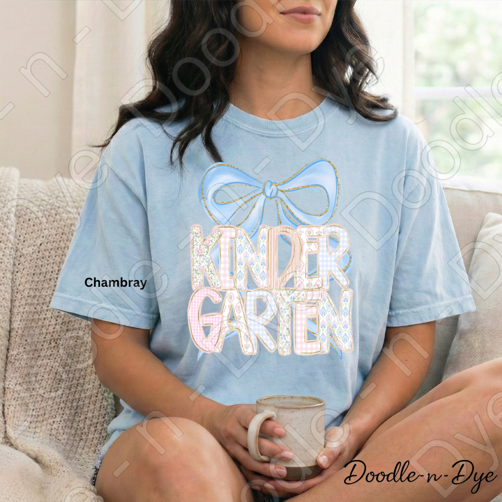 Kindergarten Teacher Shirt, Blue Coquette Bow Kindergarten Tee, Grade Level Comfort Colors Back to School Teacher Shirt