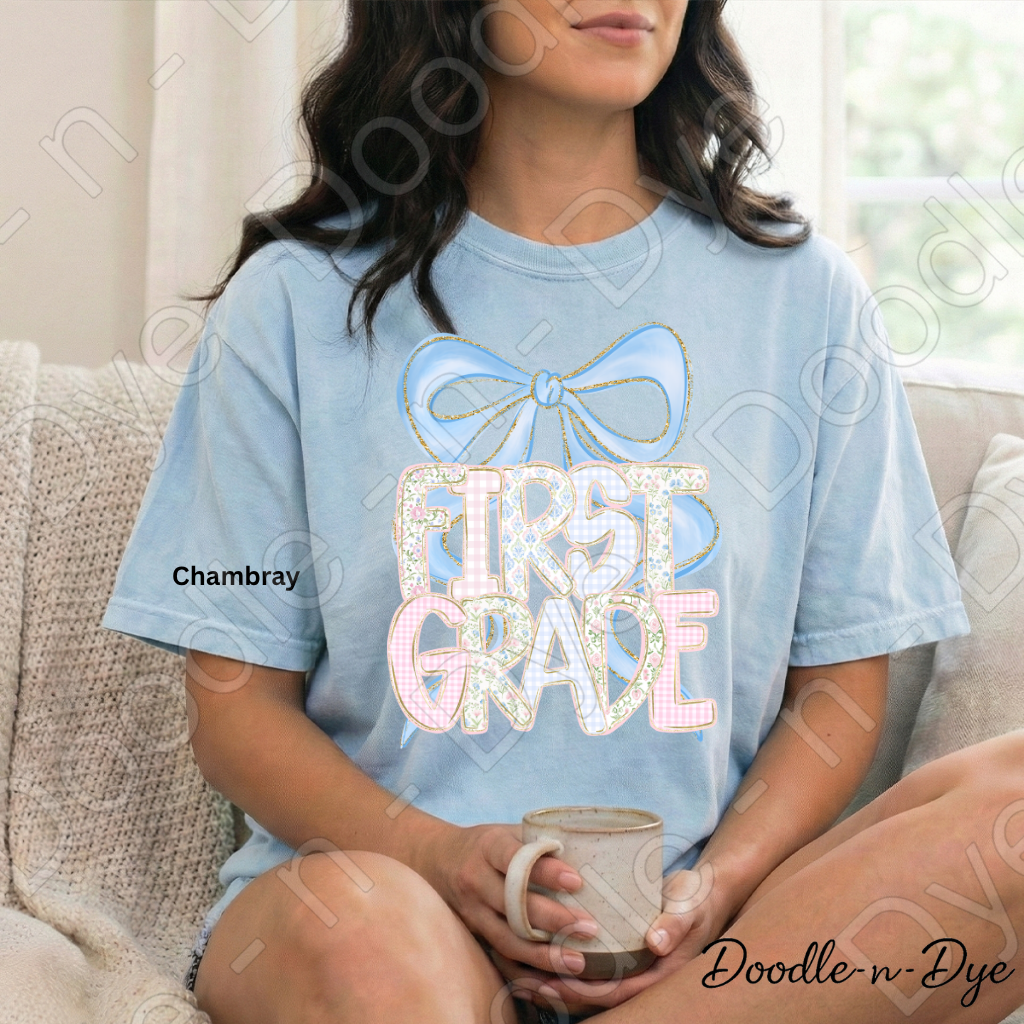 First Grade Teacher Shirt, Coquette Blue Bow First Grade Tee, Grade Level Comfort Colors Back to School Teacher Shirt