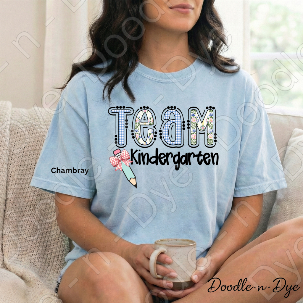 Kindergarten Teacher Shirt, Team Kindergarten Comfort Colors Tee, Doodle-n-Dye Original Design, Grade Level Teacher Team Shirt, Back to School Teacher Gift