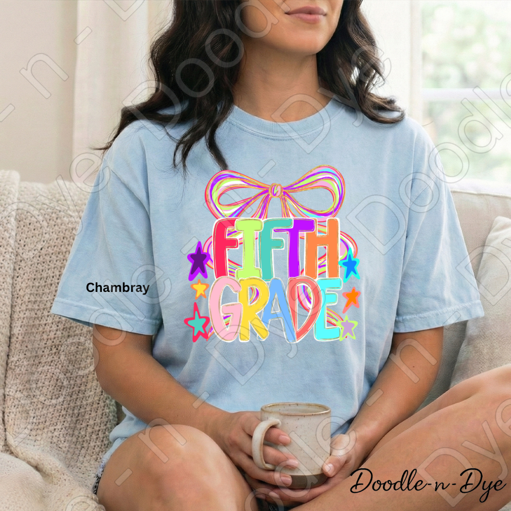 Fifth Grade Teacher Shirt, Colorful Fifth Grade Coquette Bow Tee, Grade Level Comfort Colors Back to School Teacher Shirt