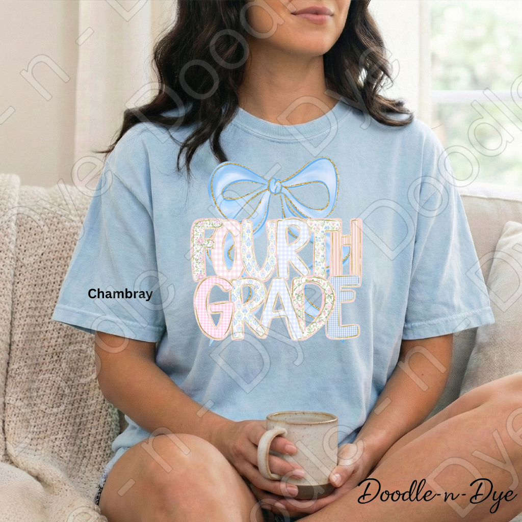 Fourth Grade Teacher Shirt, Pastel Coquette Blue Bow Teacher Tee, Grade Level Comfort Colors 1717 Teacher Shirt | Back to School Teacher Gift