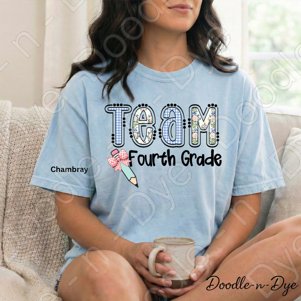 Fourth Grade Teacher Shirt, Team Fourth Grade Comfort Colors Teacher Tee, Doodle-n-Dye Original Design Teacher Shirt, Back to School Teacher Gift