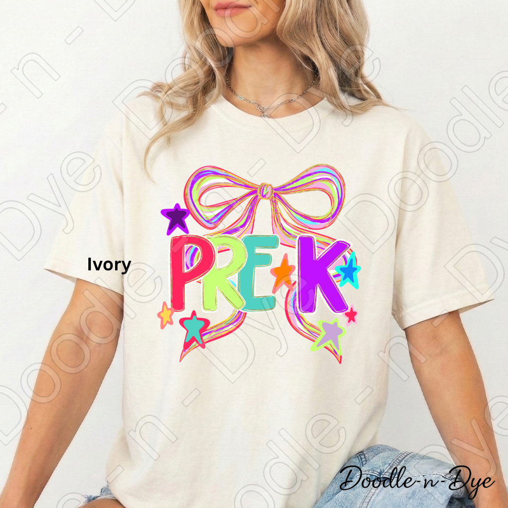 Pre-K Teacher Shirt – Colorful PRE-K Bow Tee | Comfort Colors Preschool Teacher Back to School Shirt