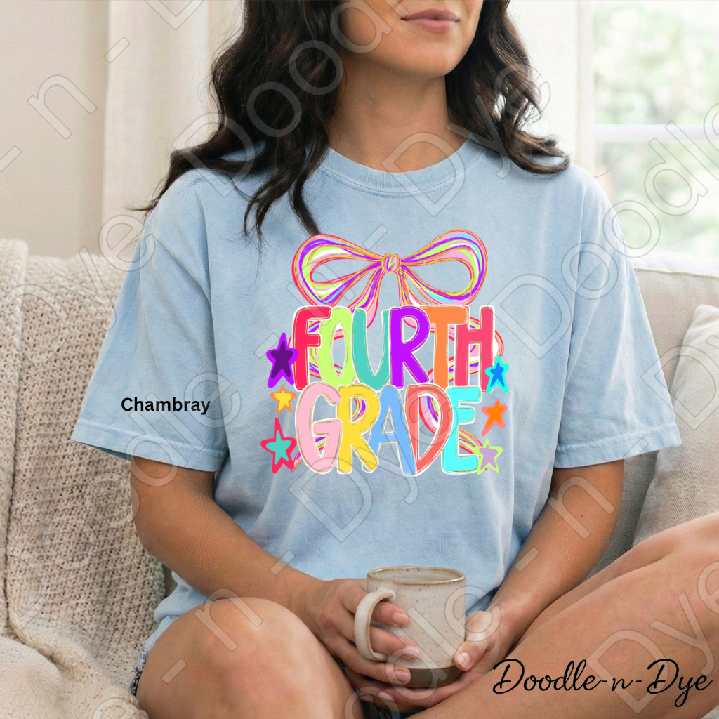 Fourth Grade Teacher Shirt, Colorful Fourth Grade Coquette Bow Tee, Grade Level Comfort Colors Back to School Teacher Shirt