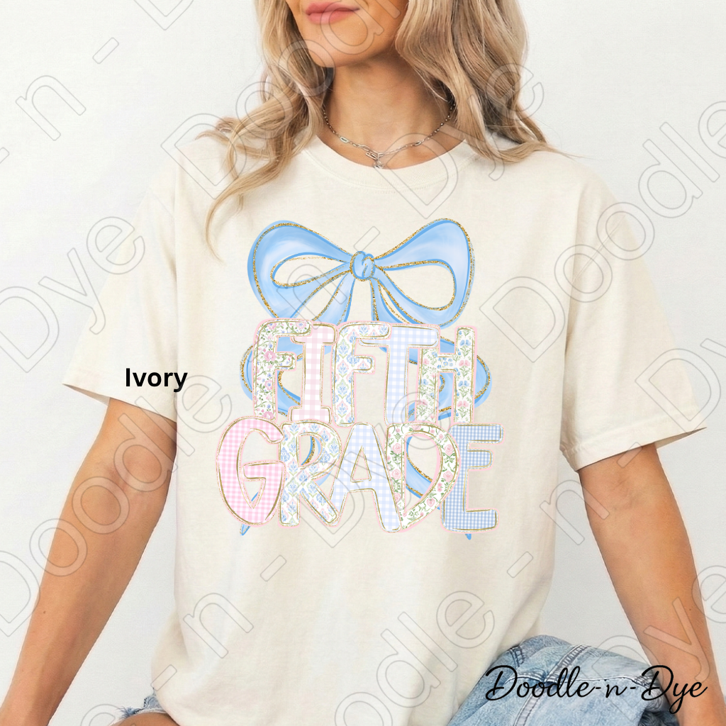 Fifth Grade Team Teacher Shirt, Pastel Coquette Blue Bow Teacher Tee, Grade Level Comfort Colors 1717 Teacher Shirt, Back to School Teacher Gift