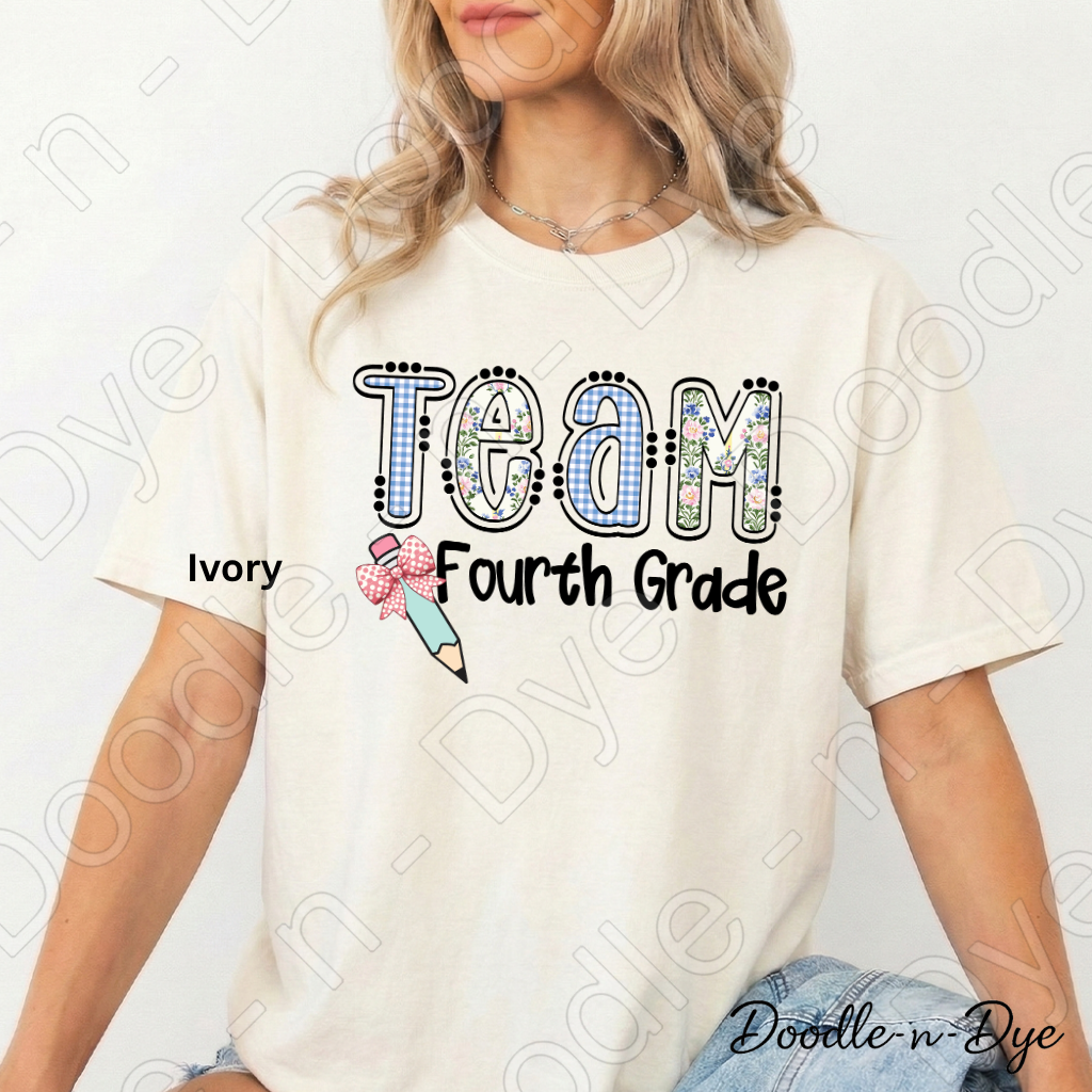 Fourth Grade Teacher Shirt, Team Fourth Grade Comfort Colors Teacher Tee, Doodle-n-Dye Original Design Teacher Shirt, Back to School Teacher Gift