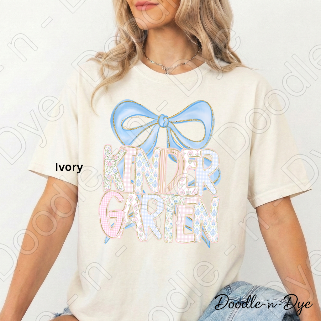 Kindergarten Teacher Shirt, Blue Coquette Bow Kindergarten Tee, Grade Level Comfort Colors Back to School Teacher Shirt