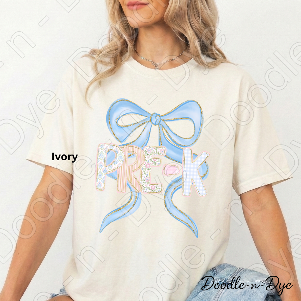 Pre-K Teacher Shirt, Blue Coquette Bow Pre-K Tee, Grade Level Comfort Colors Teacher Shirt for Back to School