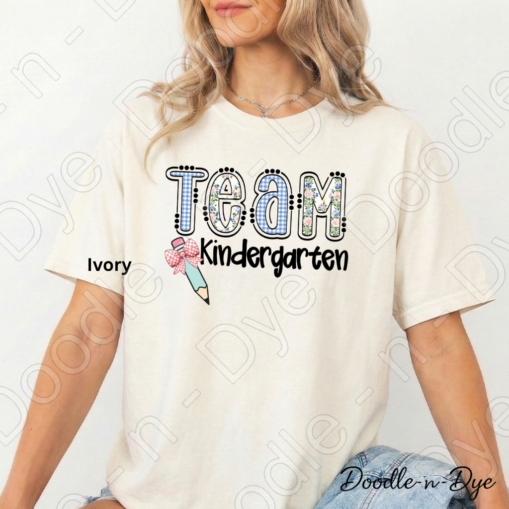 Kindergarten Teacher Shirt, Team Kindergarten Comfort Colors Tee, Doodle-n-Dye Original Design, Grade Level Teacher Team Shirt, Back to School Teacher Gift