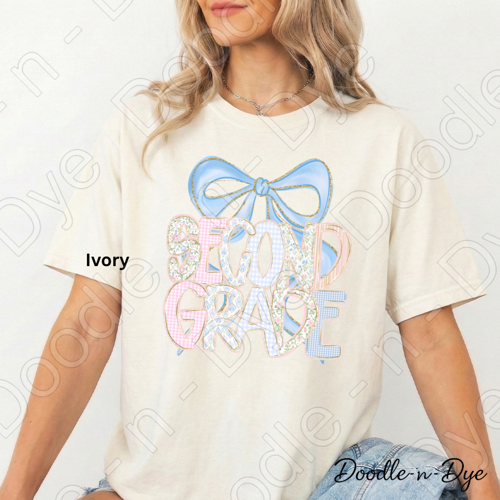 Second Grade Teacher Shirt, Pastel Blue Coquette Bow Teacher Tee, Second Grade Teacher Gift, Grade Level Comfort Colors 1717 Graphic Tee