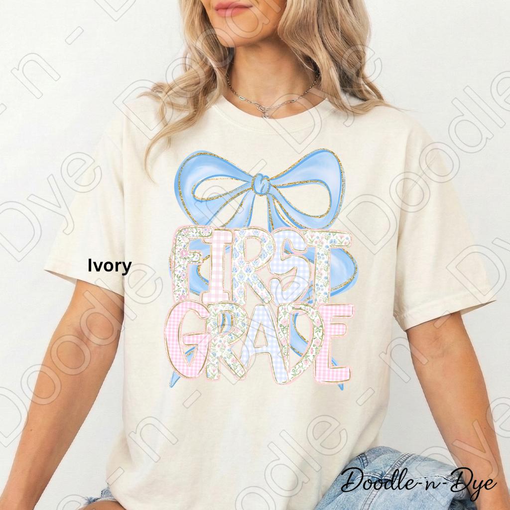 First Grade Teacher Shirt, Coquette Blue Bow First Grade Tee, Grade Level Comfort Colors Back to School Teacher Shirt