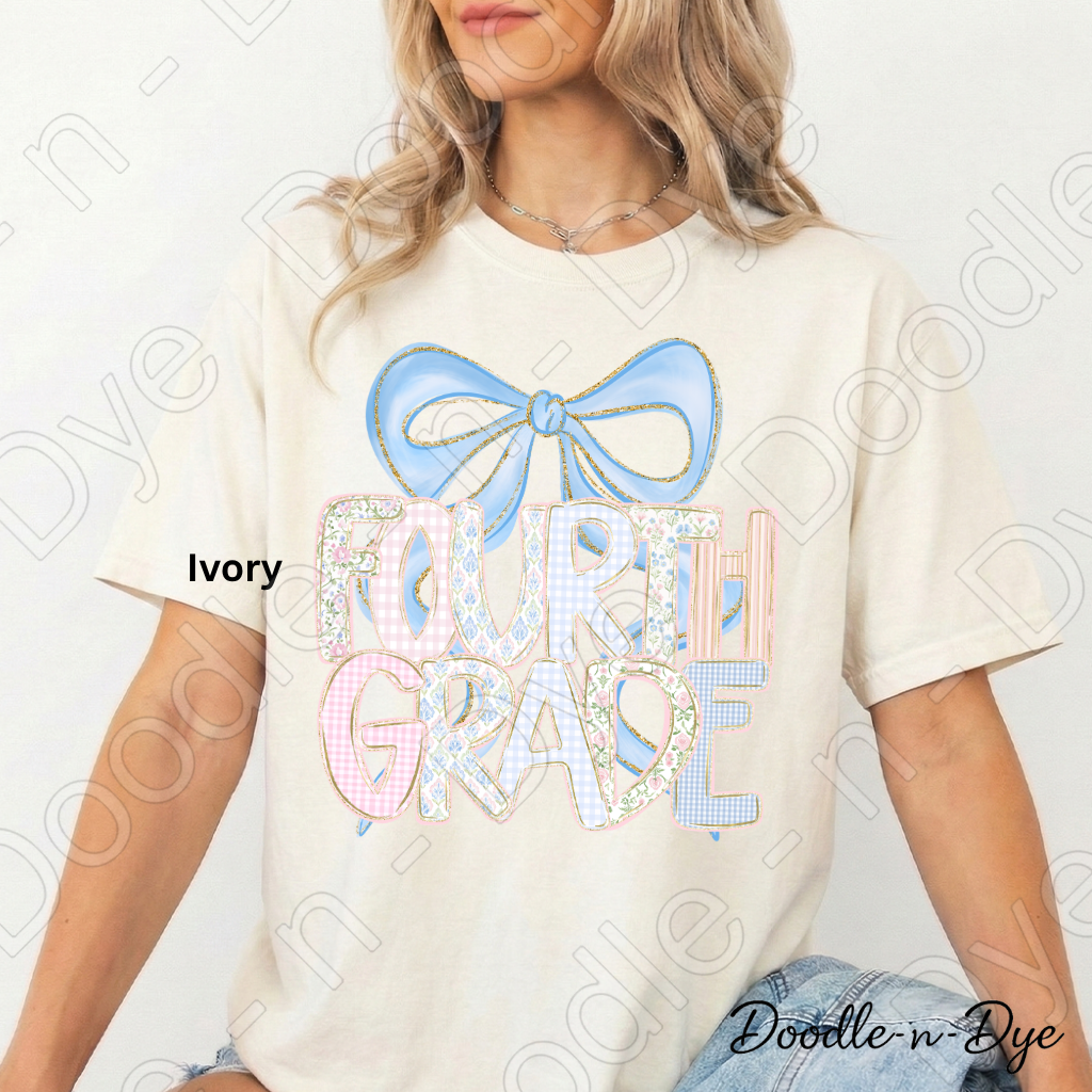 Fourth Grade Teacher Shirt, Pastel Coquette Blue Bow Teacher Tee, Grade Level Comfort Colors 1717 Teacher Shirt | Back to School Teacher Gift
