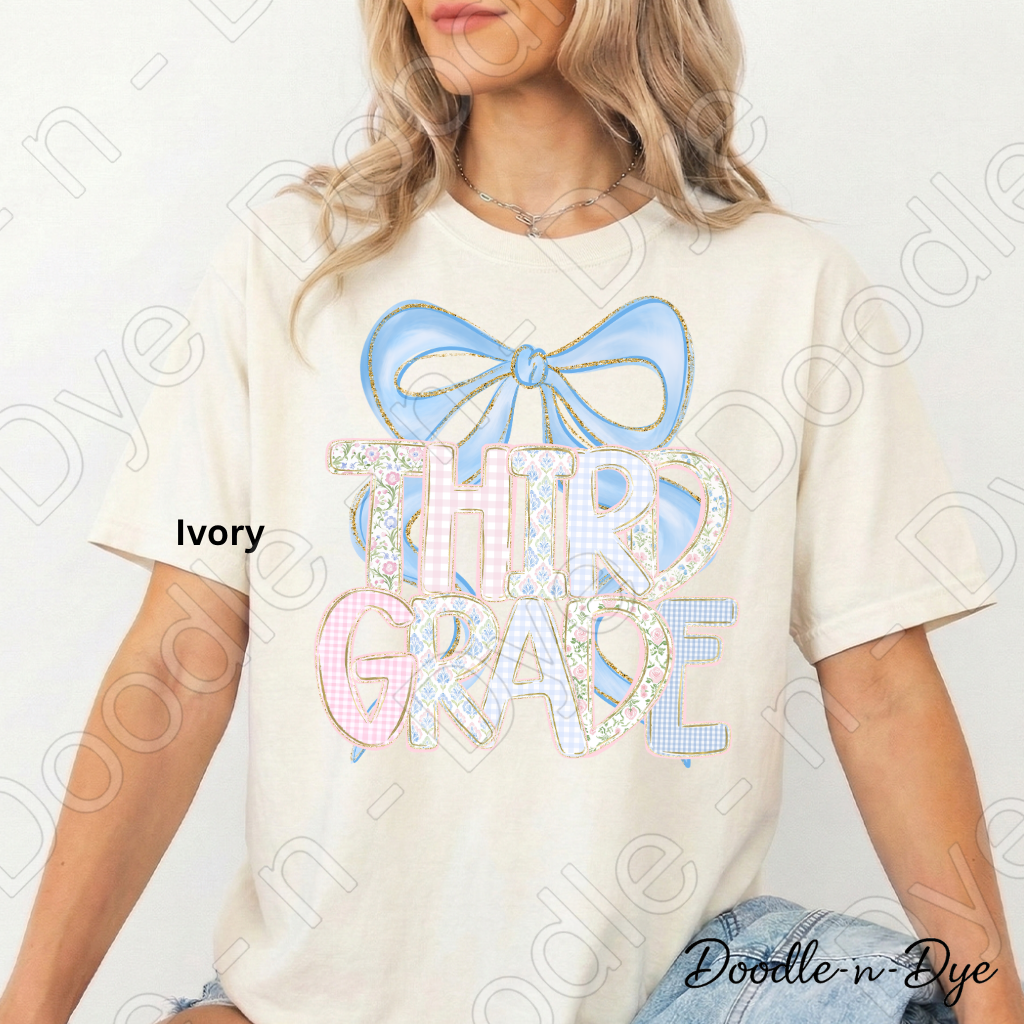 Third Grade Teacher Shirt, Pastel Blue Coquette Bow Teacher Tee, Grade Level Comfort Colors 1717 Teacher Shirt | Back to School Teacher Gift