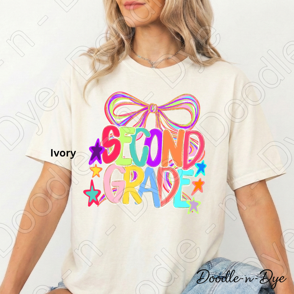 Second Grade Teacher Shirt, Colorful Second Grade Coquette Bow Tee, Grade Level Comfort Colors Back to School Teacher Shirt